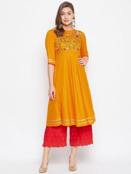 WineRed - Women Mustard Embroidered Flared Anarkali Kurta