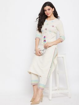 WineRed - Women White Cotton Embroidered Kurta with Pant