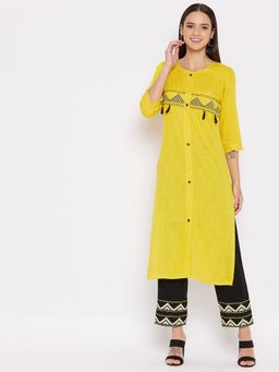 WineRed - Women Yellow Rayon Embroidered Kurta with Pant