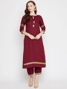 WineRed - Women Maroon Rayon Embroidered Kurta with Pant