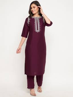 WineRed - Women Wine Rayon Embroidered Kurta with Pant