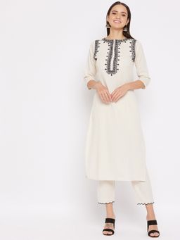 WineRed - Women Off White Cotton Embroidered Kurta with Pant