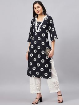 WineRed - Women Black Floral Straight Kurta