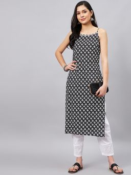 WineRed - Women Black Floral Straight Kurta