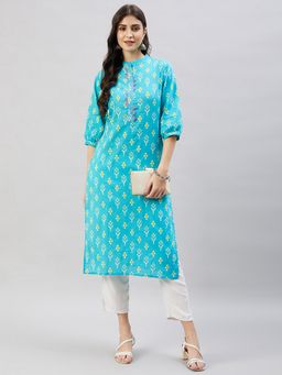 WineRed - Women Blue Abstract Straight Kurta