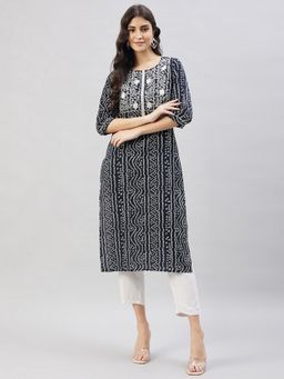 WineRed - Women Black Geometric Straight Kurta