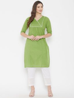 WineRed - Women Green Cotton Solid Kurta with Pant