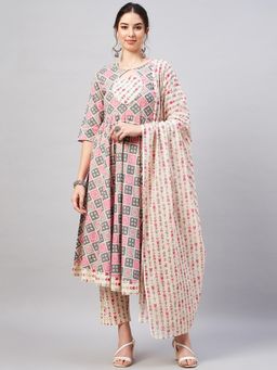 WineRed - Women Beige Cotton Geometric Kurta with Pant and Dupatta
