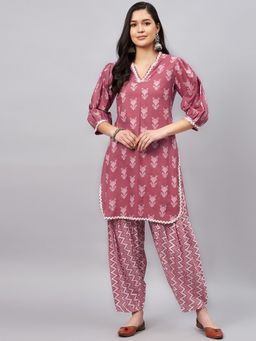 WineRed - Women Pink Cotton Abstract Kurta with Pant