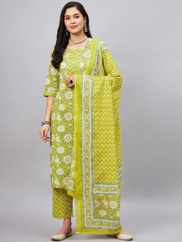 WineRed - Women Green Cotton Floral Kurta with Pant and Dupatta