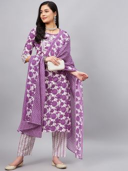 WineRed - Women Purple Cotton Floral Kurta with Pant and Dupatta