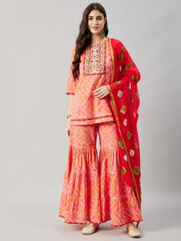WineRed - Women Orange Cotton Embroidered Kurta with Sharara and Dupatta