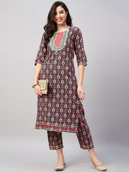 WineRed - Women Navy Blue Cotton Geometric Kurta with Pant