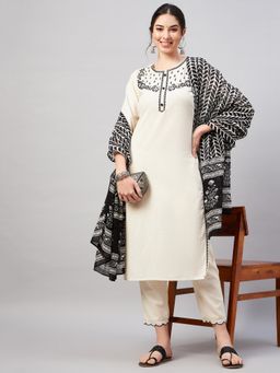 WineRed - Women Beige Cotton Embroidered Kurta with Pant and Dupatta