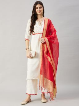 WineRed - Women Off White Silk Embroidered Kurta with Pant and Dupatta