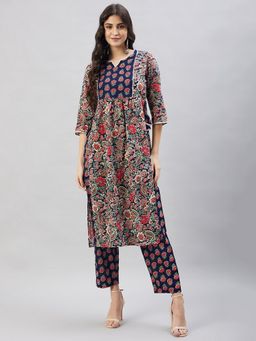 WineRed - Women Navy Blue Cotton Floral Kurta with Pant and Dupatta