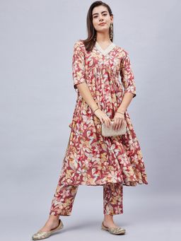 WineRed - Women Rust Rayon Floral Kurta with Pant