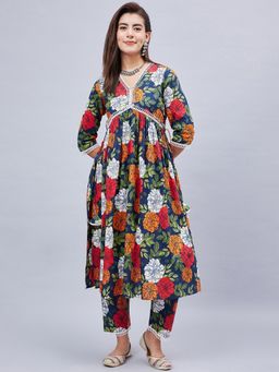 WineRed - Women Blue Cotton Floral Kurta with Pant