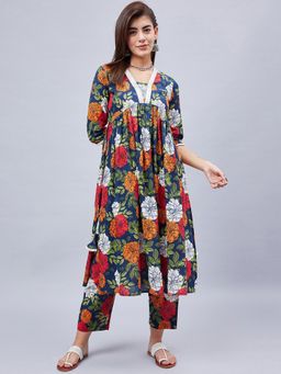 WineRed - Women Blue Cotton Floral Kurta with Pant