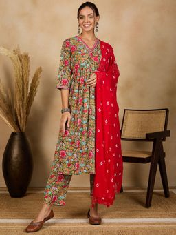 WineRed - Women Navy Blue Cotton Floral Kurta with Pant and Dupatta