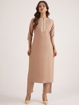 WineRed - Women Brown Cotton Embroidered Kurta with Pant