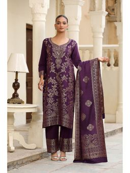 Kidar - Women Purple Jacquard Round Neck Floral Kurta with Pant and Dupatta