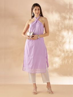 Abhishti - Women Halter Neck Sleeveless Lavender Straight Kurta