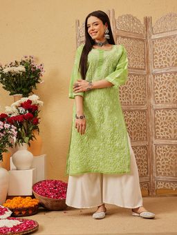 ADA - Women Green Embroidered Straight Kurta