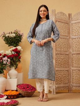 ADA - Women Grey Embroidered Straight Kurta