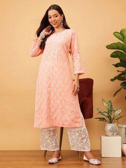 ADA - Women Peach Embroidered Straight Kurta