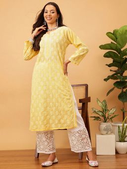 ADA - Women Yellow Embroidered Straight Kurta