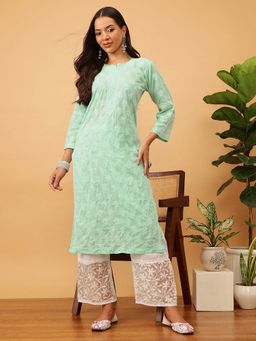 ADA - Women Green Embroidered Straight Kurta
