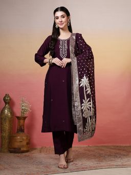 MEENA BAZAAR - Women Wine Muslin Embroidered Kurta with Pant and Dupatta