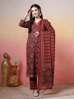 MEENA BAZAAR - Women Maroon Cotton Floral Printed Kurta with Pant and Dupatta