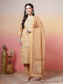 MEENA BAZAAR - Women Yellow Cotton Floral Printed Kurta with Pant and Dupatta