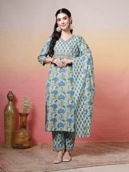 MEENA BAZAAR - Women Blue Cotton Floral Printed Kurta with Pant and Dupatta