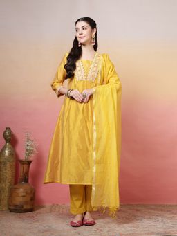 MEENA BAZAAR - Women Mustard Chanderi Embroidered Kurta with Pant and Dupatta
