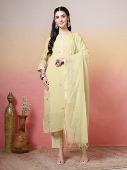 MEENA BAZAAR - Women Yellow Cotton Embroidered Kurta with Pant and Dupatta