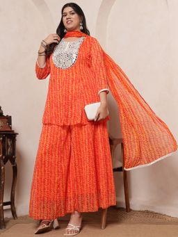 Deebaco - Orange Floral Chiffon Panel Kurti and Palazzo With Dupatta