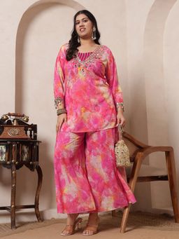 Deebaco - Pink Tie-Dye Georgette Kurta With Crop Top and Palazzo