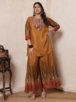 Deebaco - Tan Mirror Work Pure Muslin Floor Length Kurta With Palazzo