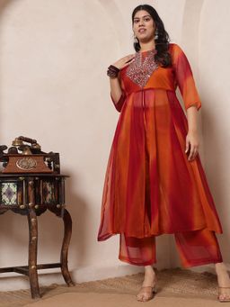 Deebaco - Brown Ombre Lehariya Georgette Ankle Length Kurta and Palazzo