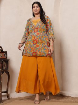 Deebaco - Mustard Floral Georgette Inner Top With Kurti and Palazzo