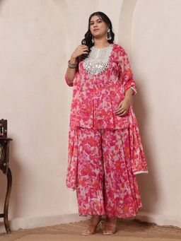 Deebaco - Magenta Abstract Chiffon Panel Peplum Kurti and Palazzo and Dupatta
