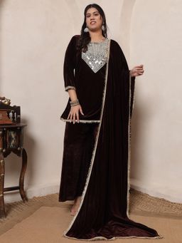 Deebaco - Brown Solid Velvet Patch Kurti With Palazzo and Dupatta