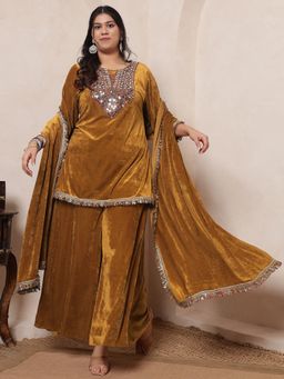 Deebaco - Mustard Bandhani Print Kurti With Palazzo and Dupatta