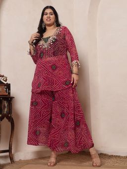 Deebaco - Magenta Lehariya Chiffon Top and Palazzo With Crop Top