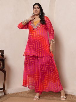 Deebaco - Embroidered Georgette Long Slit Kurta With Palazzo and Crop Top