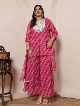 Deebaco - Magenta Lehariya Chiffon Top and Palazzo With Dupatta