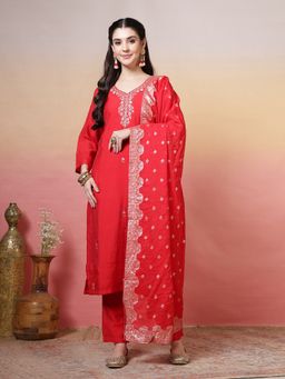 MEENA BAZAAR - Women Red Muslin Embroidered Kurta with Pant and Dupatta